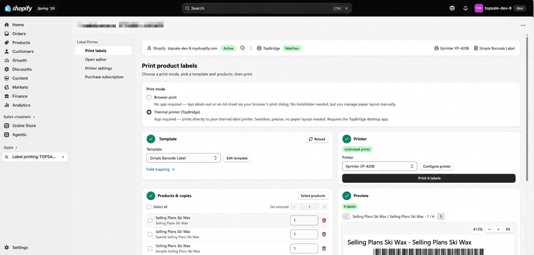 TopSale Shopify label printing dashboard showing print mode, label template, products and copies, thermal printer settings, and label preview