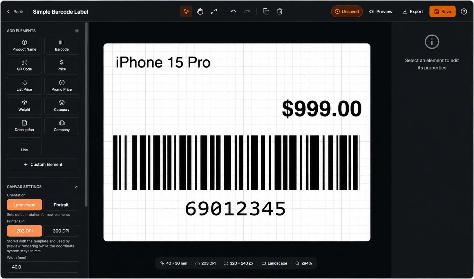 TopSale Shopify label editor showing an iPhone 15 Pro product label with price, barcode and print settings